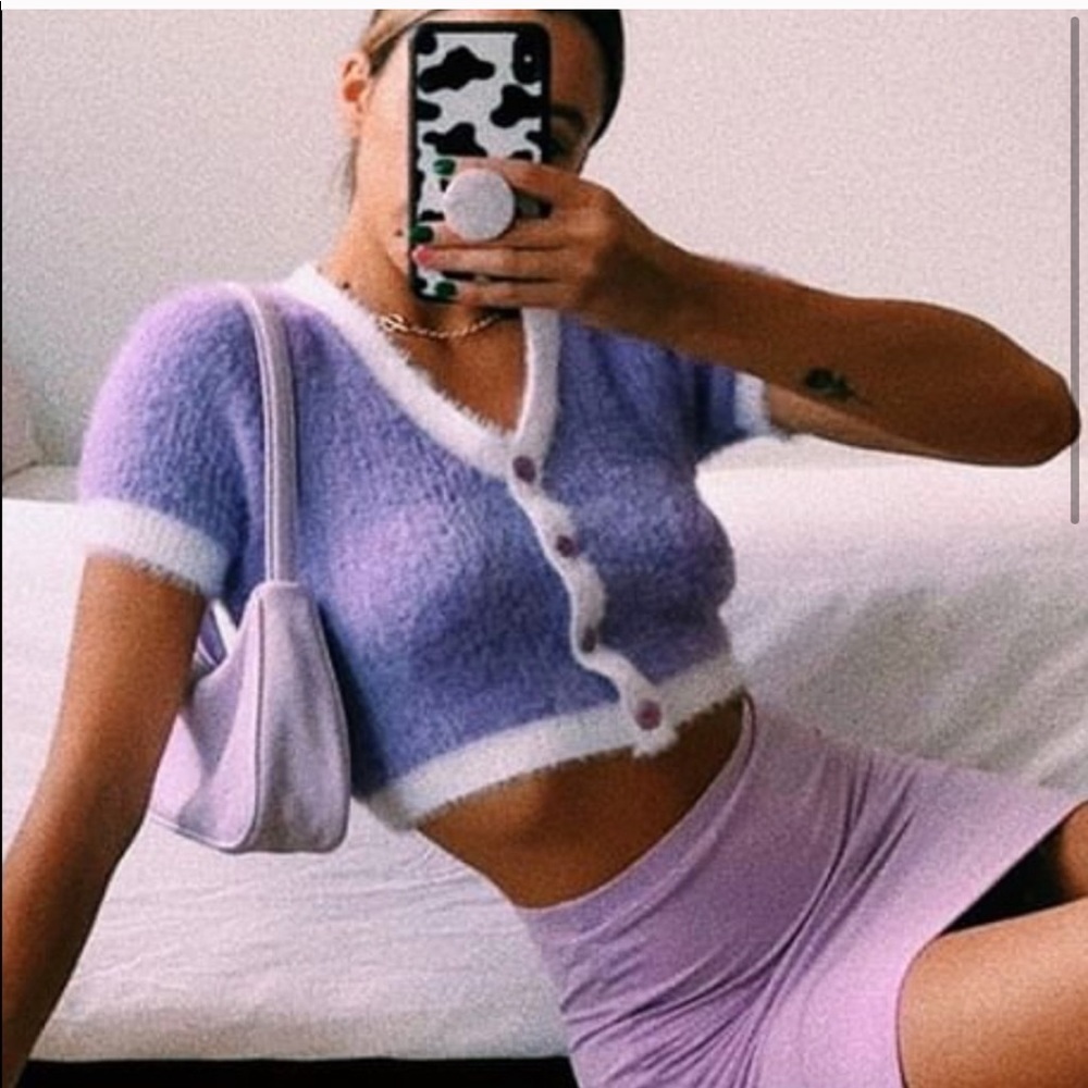 Verge Girl Purple and White Fuzzy Cardigan